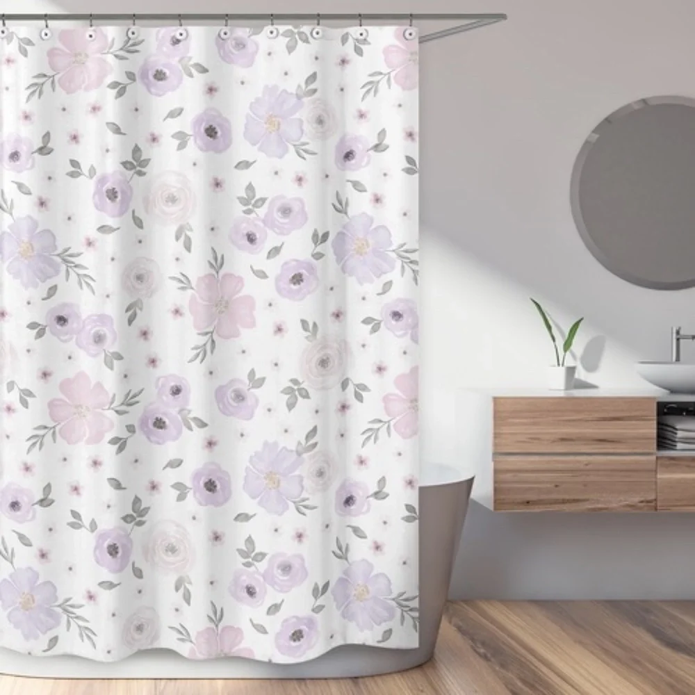 Sweet JoJo Designs Watercolor Floral Lavender And Grey Collection Shower Curtain
